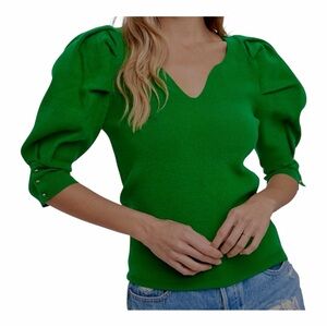 Bluivy Green Pullover Ribbed Knit Sweater Size Large Contemporary V-Neck Puff
